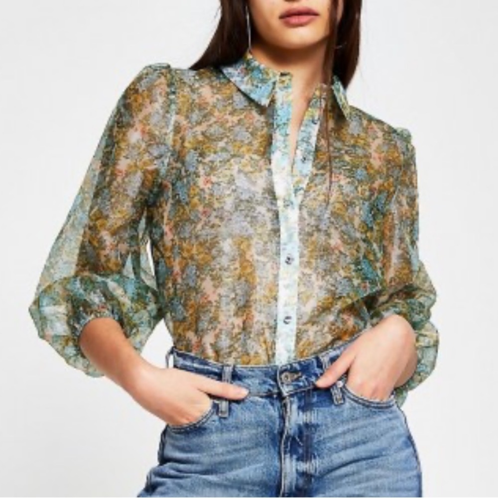 Funky Sheer Button Up Top (M)